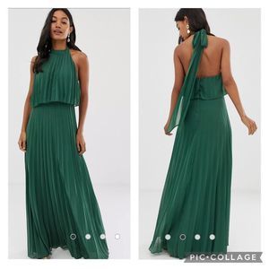 ASOS forest green pleated halter maxi gown